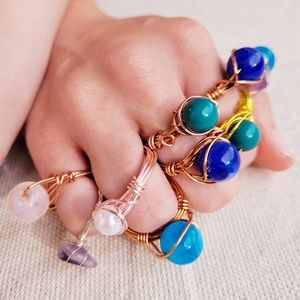 HANDMADE Boho Rings Lot Copper Gold Rose & Silver Wire Wrapped Glass Beads